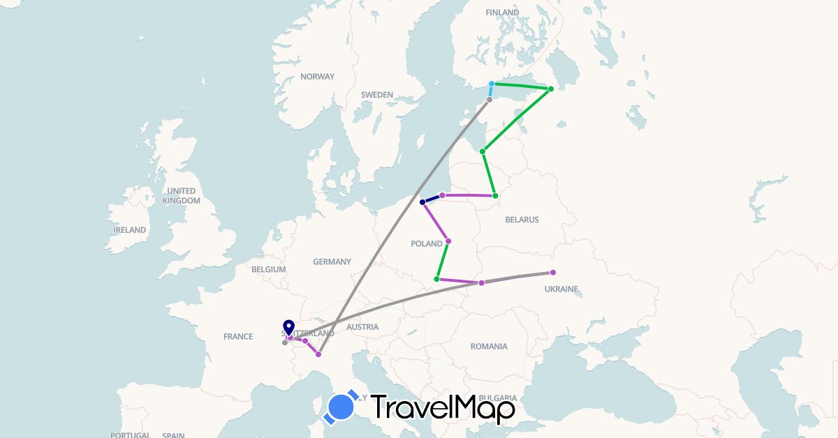 TravelMap itinerary: driving, bus, plane, train, boat in Switzerland, Estonia, Finland, Italy, Lithuania, Latvia, Poland, Russia, Ukraine (Europe)